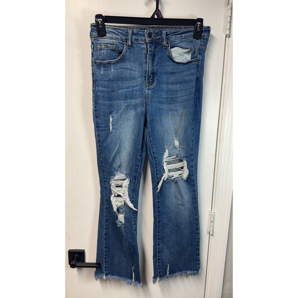 Risen | High Rise Distressed Straight Leg Jeans Raw Hem Medium Wash | Size 28
